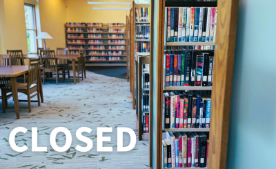 book stacks and tables with chairs and text reading closed in white