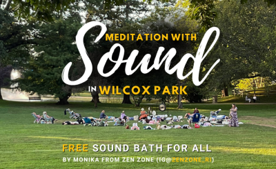 people out in the park for a sound bath with text meditation with sound in wilcox park