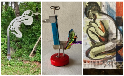 various metal sculptures and an illustration of a person's silhouette