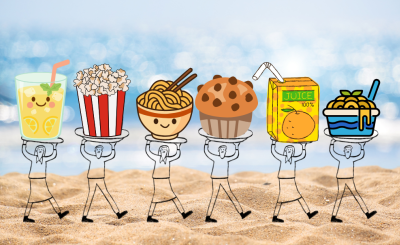 A line of illustrated people holding a cold drink, popcorn, a ramen noodle bowl, a muffin, a juice box, and a cheesy noodle bowl on trays above their heads.