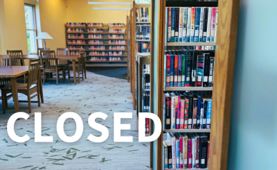 closed in white writing over photo of library stacks