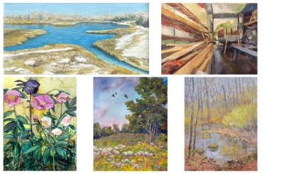 5 colorful paintings of landscapes with water, flowers, trees, and a boat being built