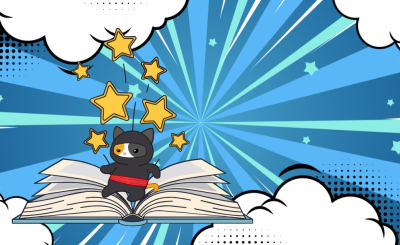 A comic style ninja cat jumping out of an open book with stars flying up behind it, in front of a comic book style background of various color blue rays radiating out from the center with clouds at the four edges of the image.