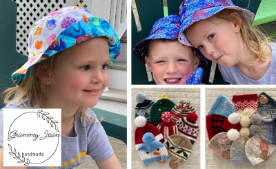 kids with colorful bucket hats and knitted hats laid out