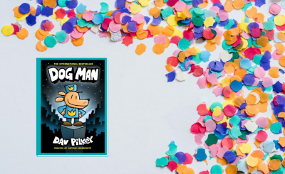 dog man book cover with confetti