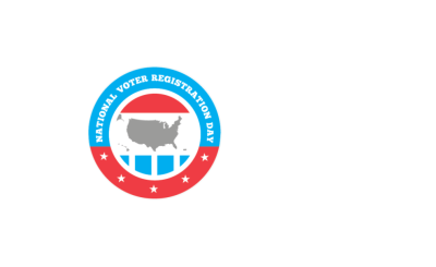 voter registration day logo with text and red and blue outline with grey silhouette of US