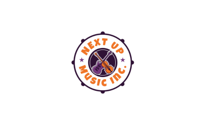 text in orange next up music festival surrounded by a circle with 2 small purple stars and purple and orange guitars in center