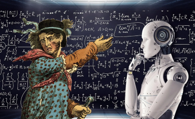 A historical depiction of a Luddite pointing at a humanoid robot.
