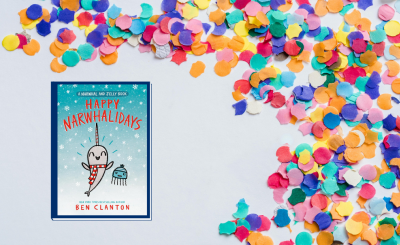 happy narwhalidays book cover with confetti