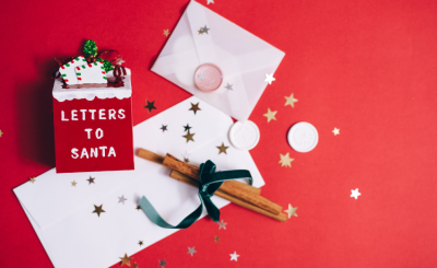white envelopes on a red background with a mailbox and text in white letters to santa