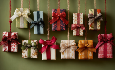 wrapped gifts hanging by colorful twine